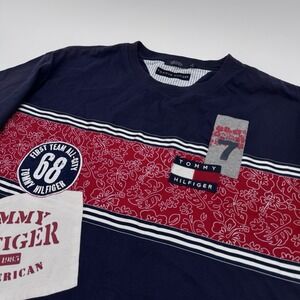 VTG  Tommy Hilfiger Shirt  XLarge Red White Blue Spell Out Flag Logo Patch Y2K